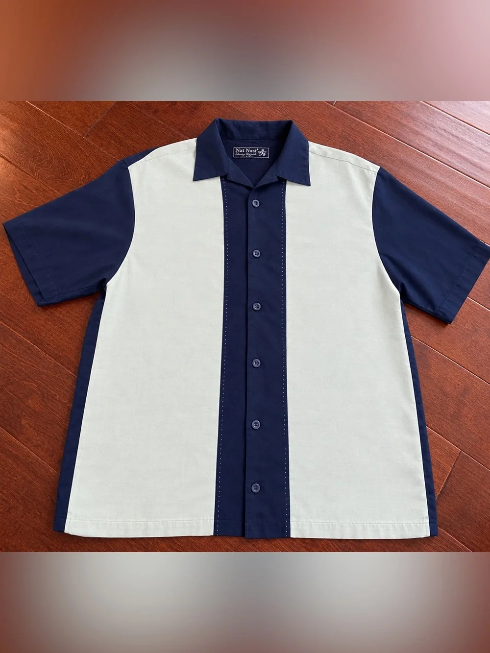 Nat Nast Men's Large GS02A Colorblock Silk Camp Shirt Navy Blue Saltwater Gray
